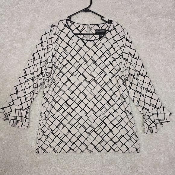 Karl Lagerfeld Womens Long Sleeve Blouse Size Medium White Black Check Career - Picture 1 of 12